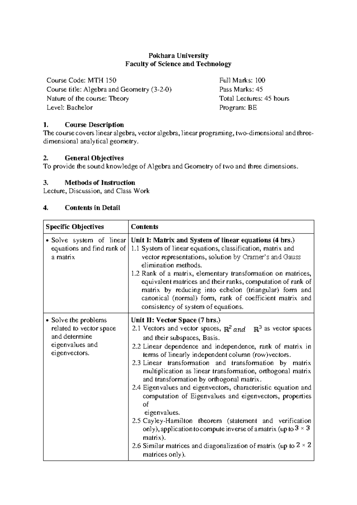 Algebra and Geometry Course Notes - MTH 150 - Studocu