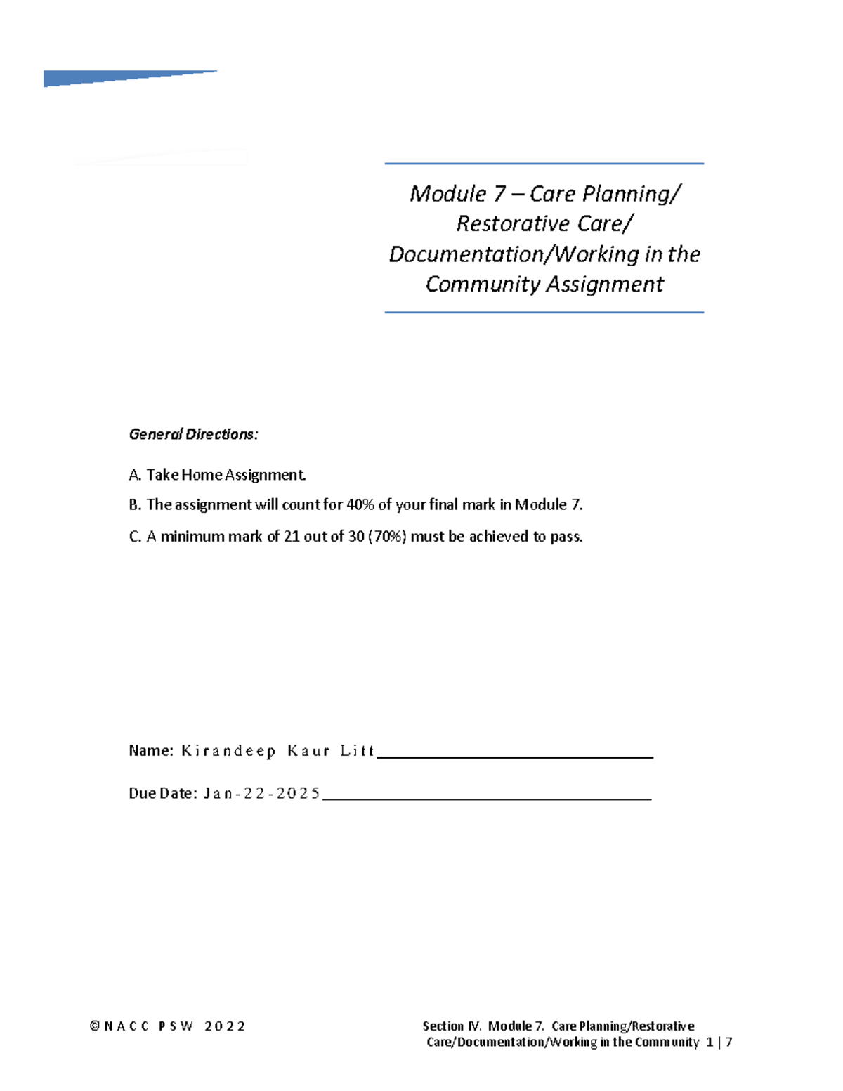 Assigmt - Module 7 Care Planning final - © N A C C P S W 2 0 2 2 ...