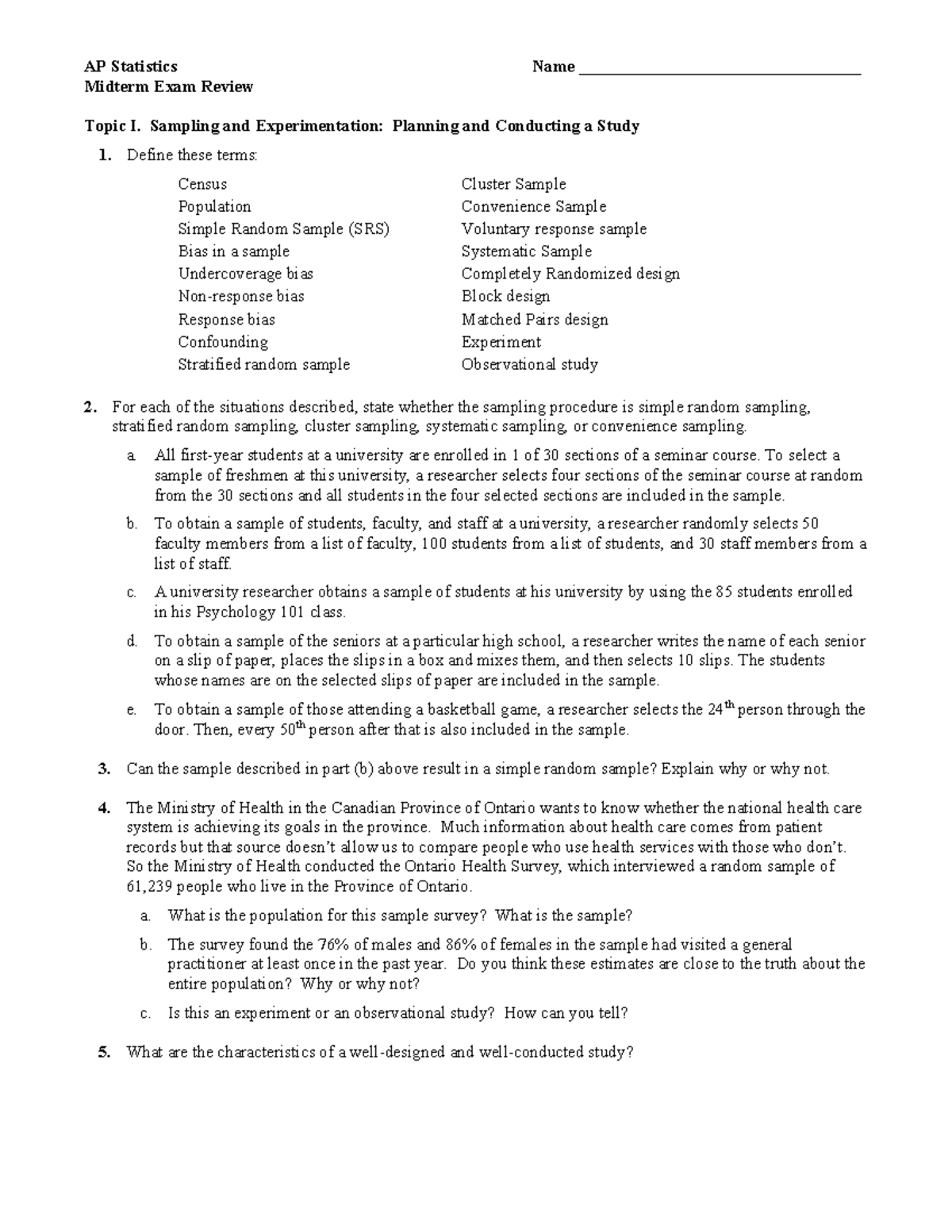 Midterm review 2018 - Stuff - AP Statistics Name ...