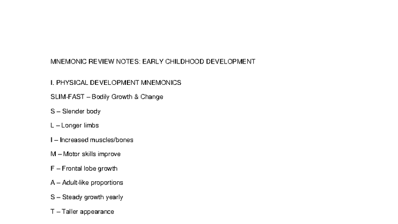 MNEMONIC REVIEW NOTES: EARLY CHILDHOOD DEV. I (ECD 101) - Studocu