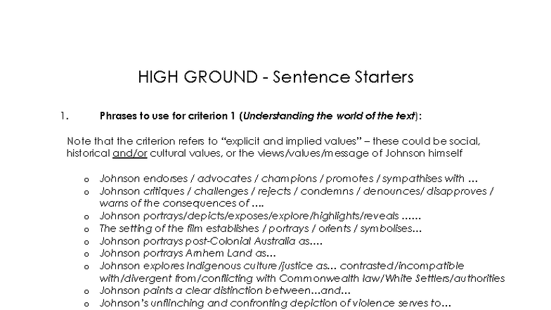 High Ground Sentence Starters for Criterion 1 & 2 Analysis - Studocu