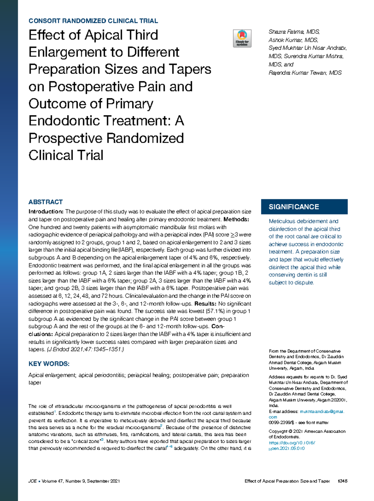 Effect of Apical Preparation Size and Taper on Postoperative Pain: A ...