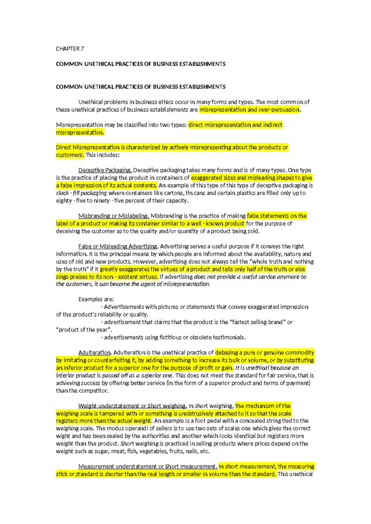 Common Unethical Practices in Business (Chapter 7) - Studocu