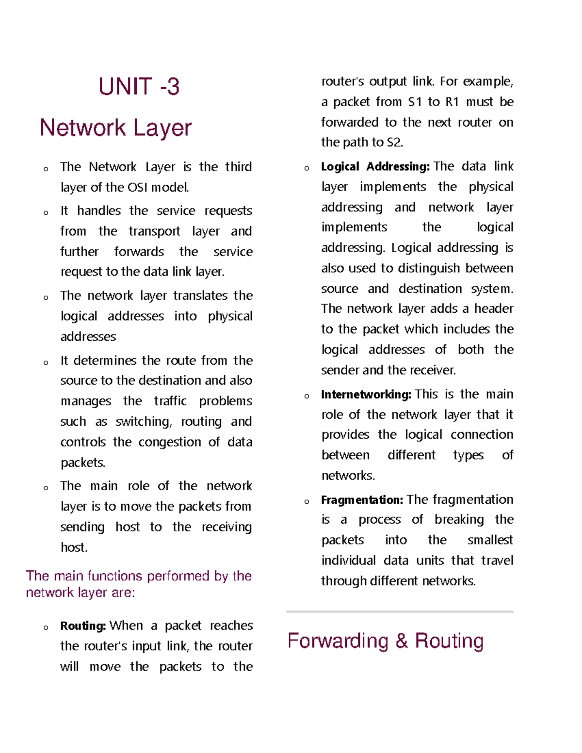 UNIT 3 CN - Network Layer Functions and Routing Protocols Notes - Studocu