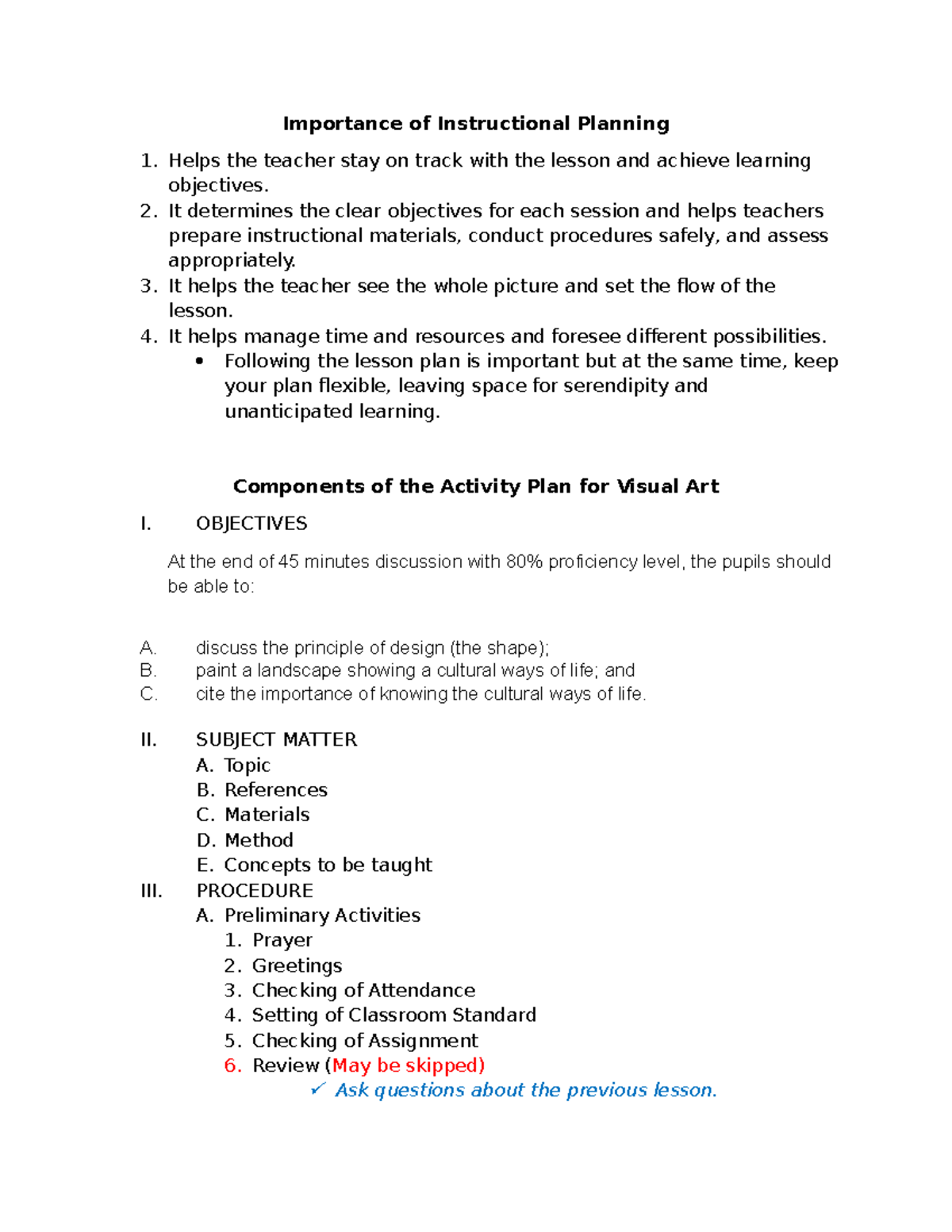 Lesson Plan for Visual Art: Importance of Instructional Planning - Studocu