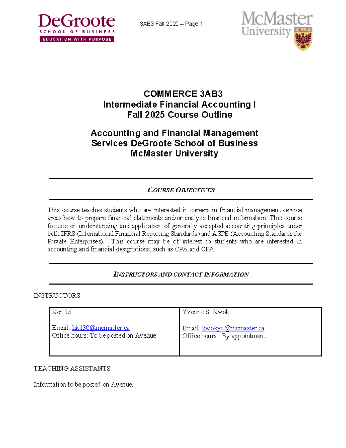 Commerce 3AB3 F25 Course Outline: Intermediate Financial Accounting I ...