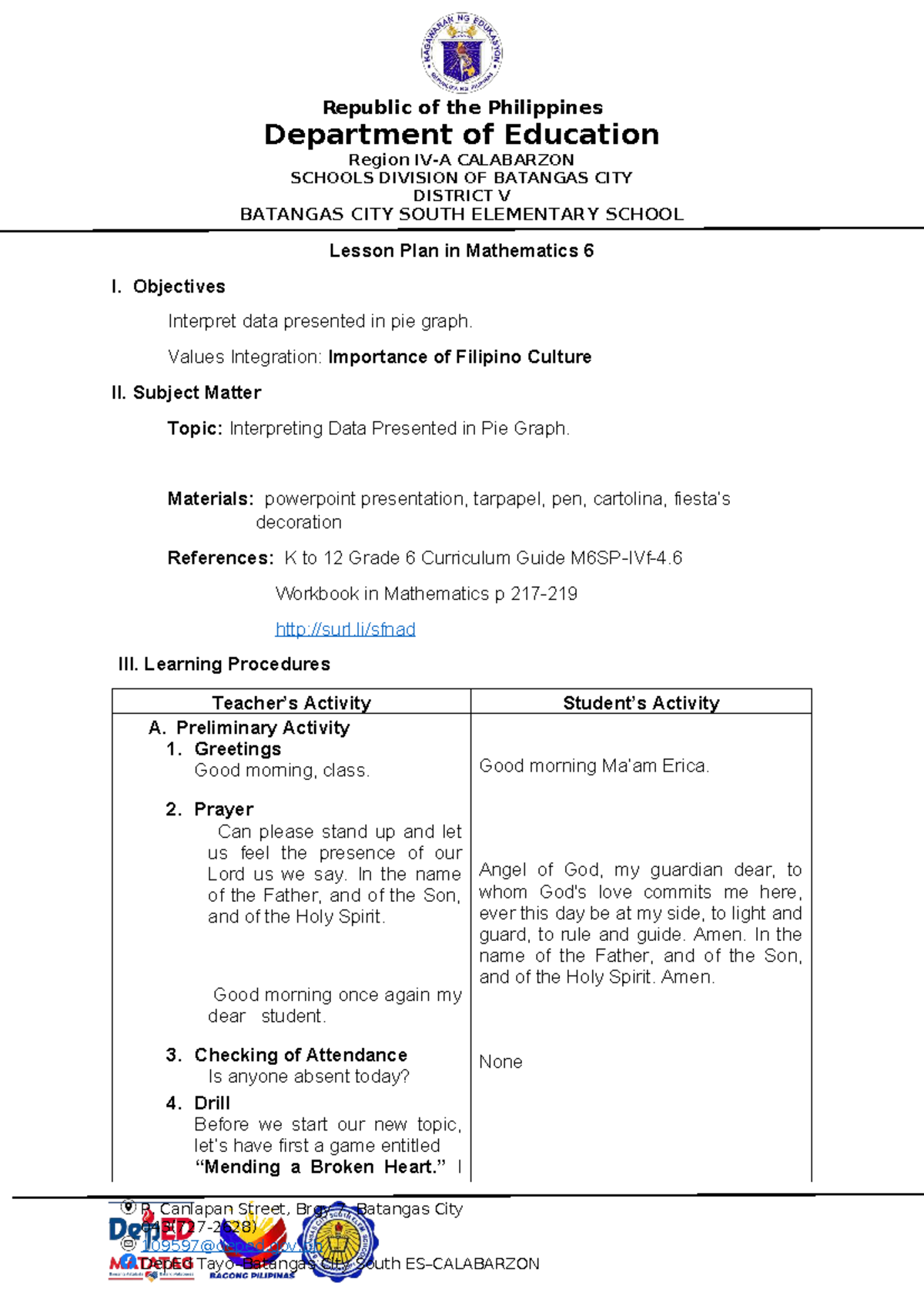 Mathematics 6 Lesson Plan: Interpreting Data in Pie Graphs - Studocu