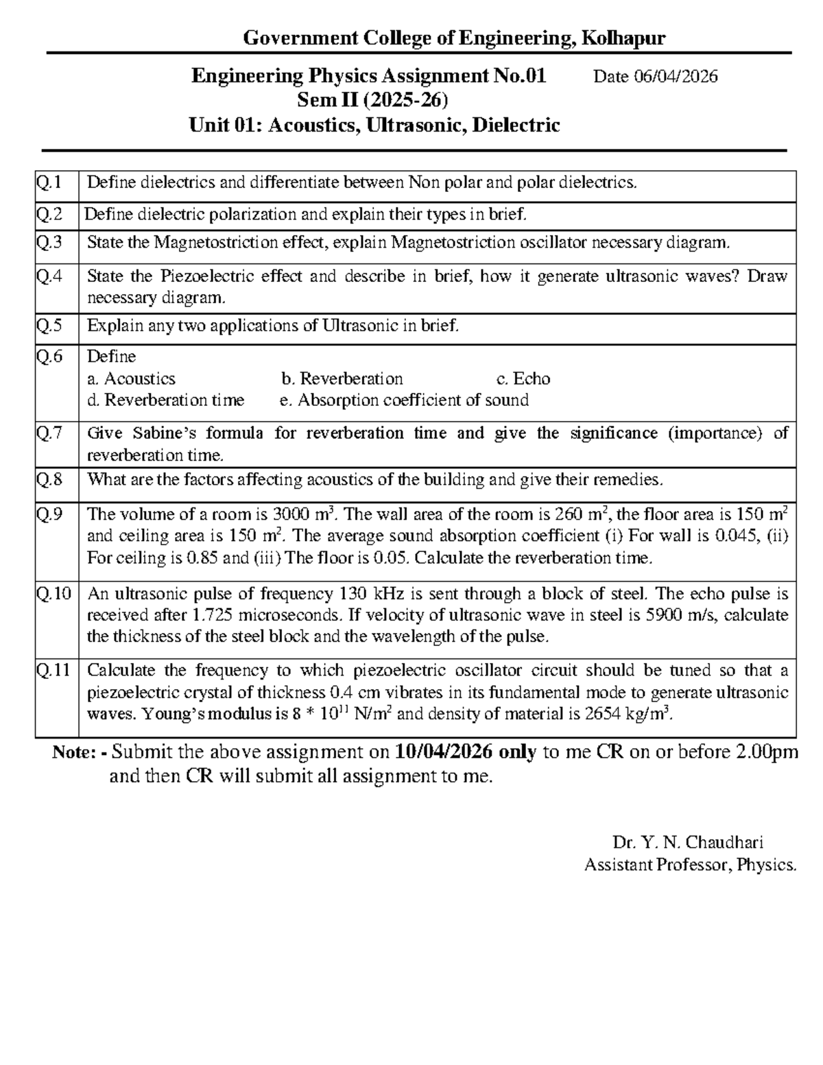 Engineering Physics Assignment No. 01 (Sem II) - Acoustics ...