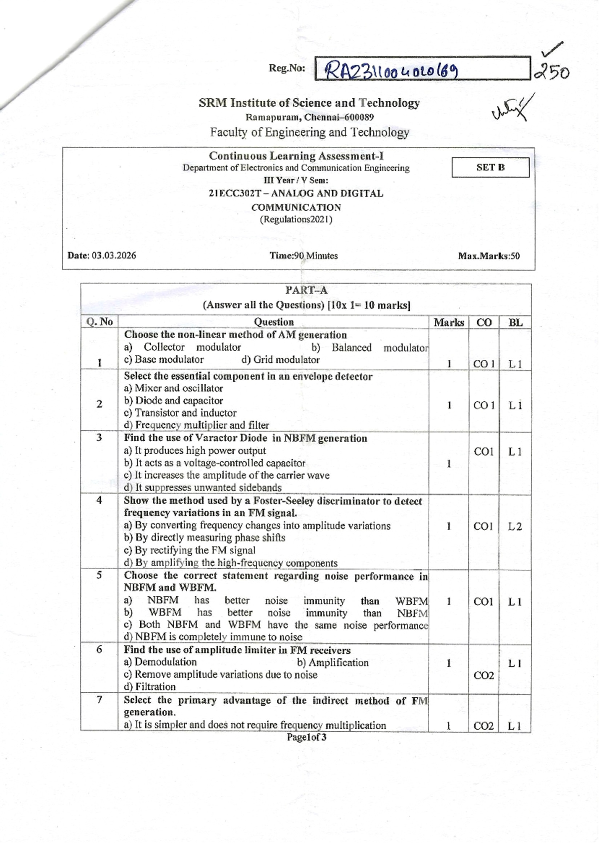 21ECC302T Analog and Digital Communication Exam Set B - Studocu