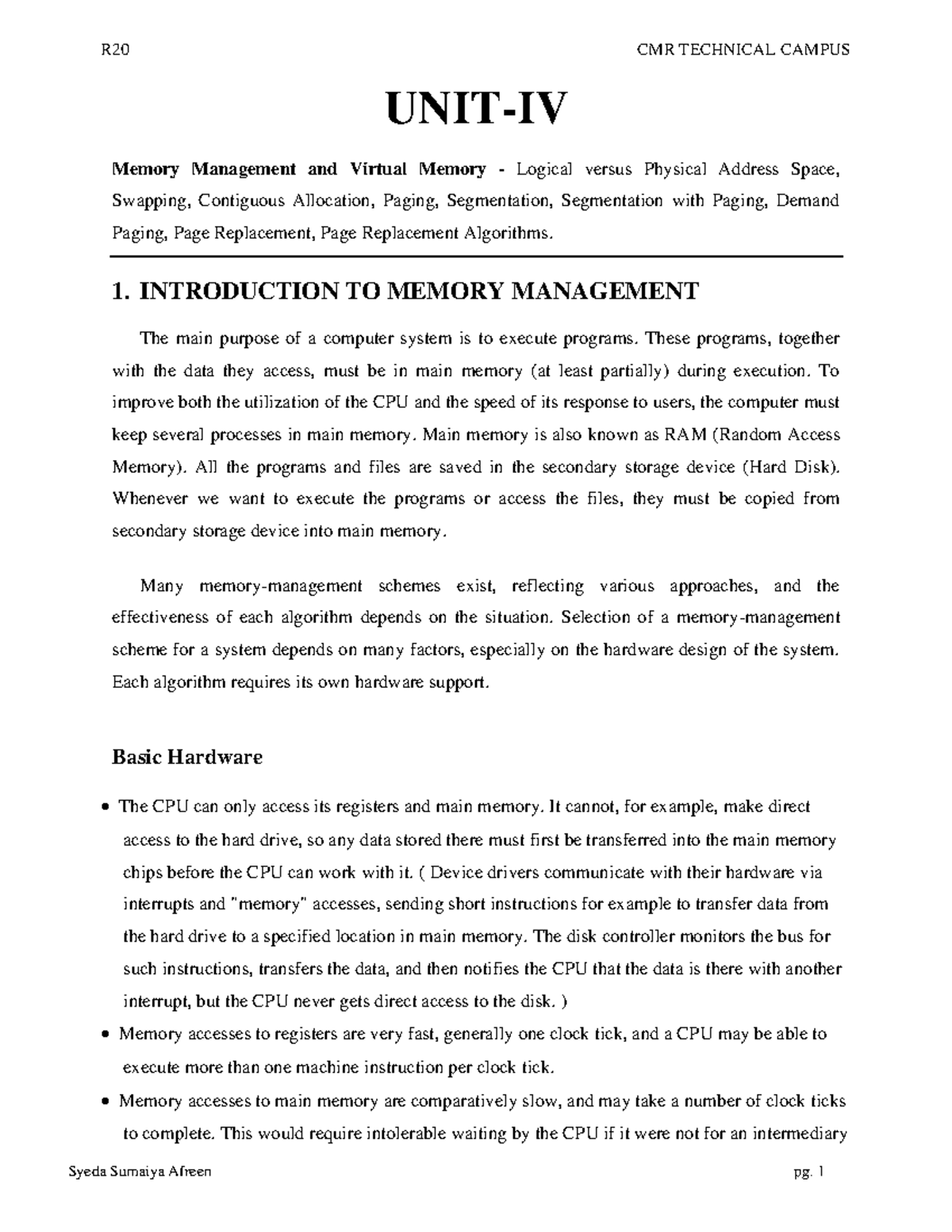 R20 CMR TECHNICAL CAMPUS OS Unit 4 Notes: Memory Management & Virtual ...