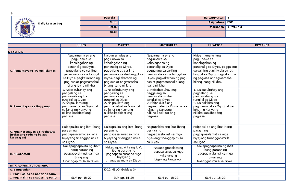 ESP - Daily Lesson Plan - F Daily Lesson Log Paaralan Baitang/Antas 3 ...
