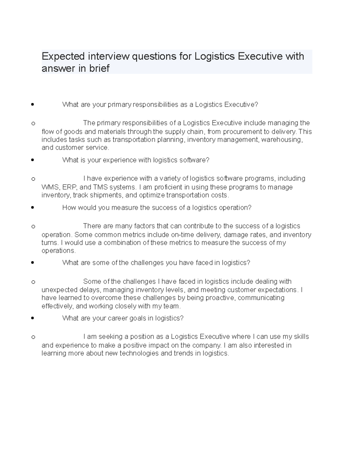 Expected Interview Questions for Logistics Executive (Operations) - Studocu