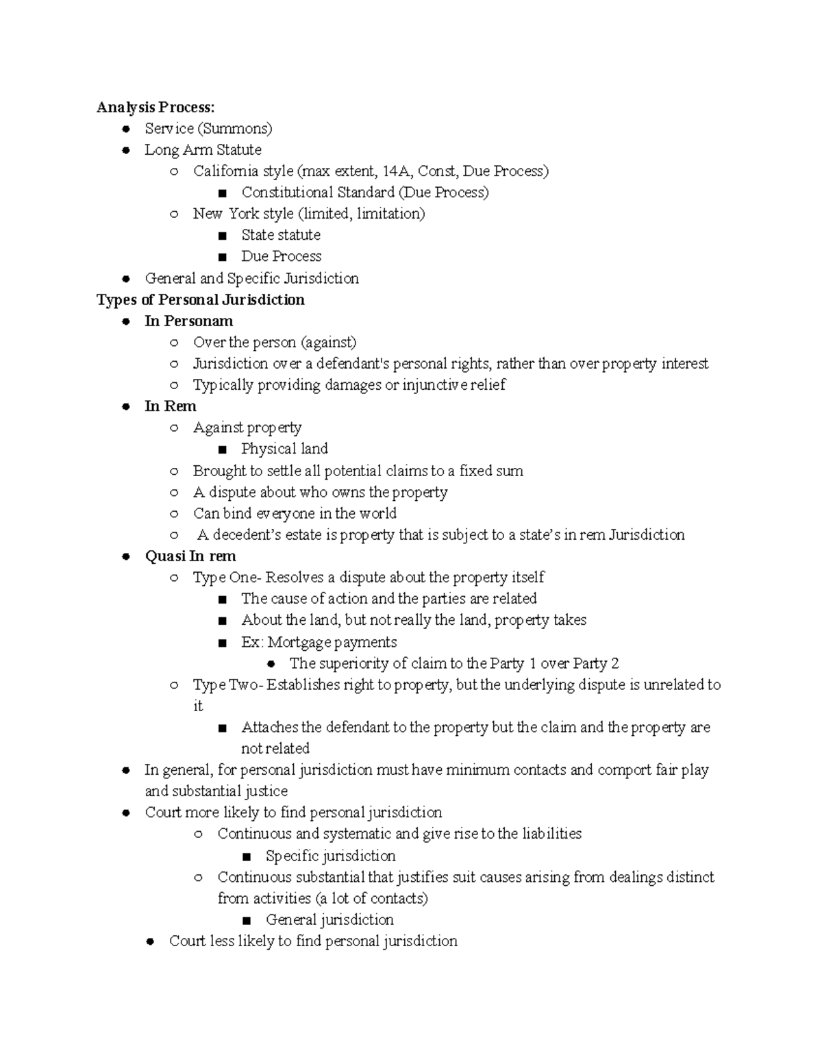 Civ Pro II: Personal Jurisdiction and Long Arm Statute Outline ...
