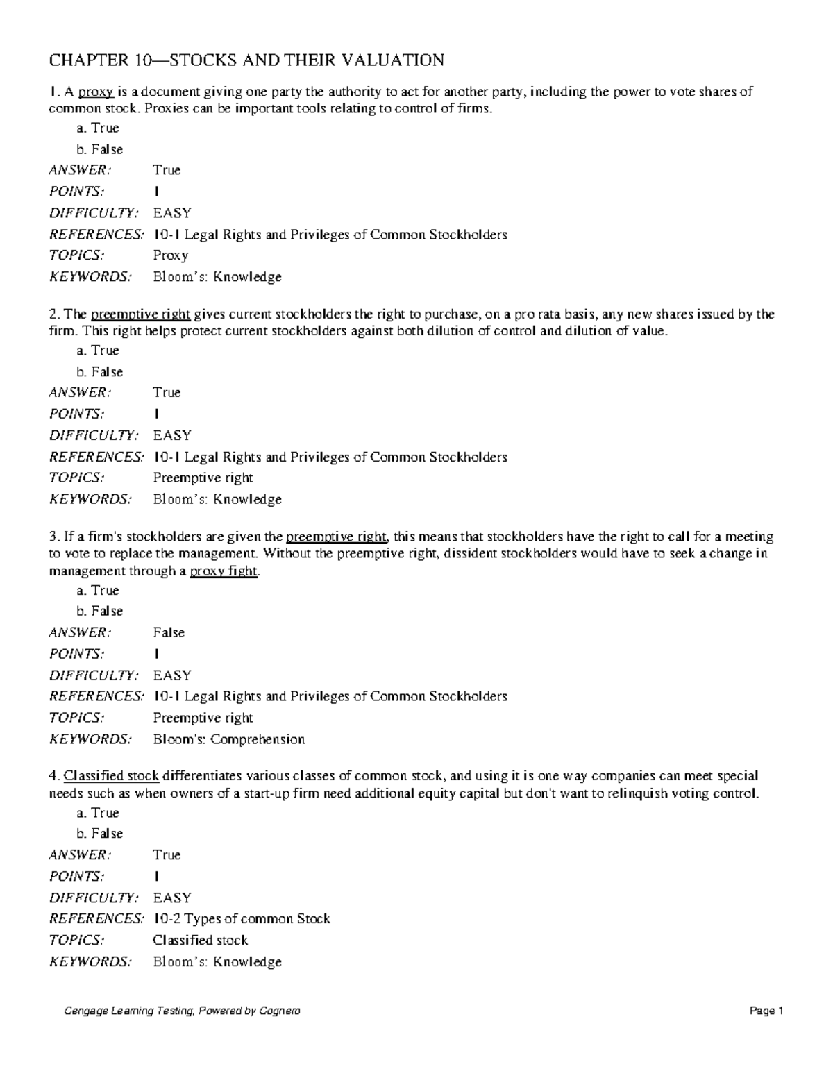 Stocks - Test Bank: Chapter Valuation and Key Concepts - Studocu