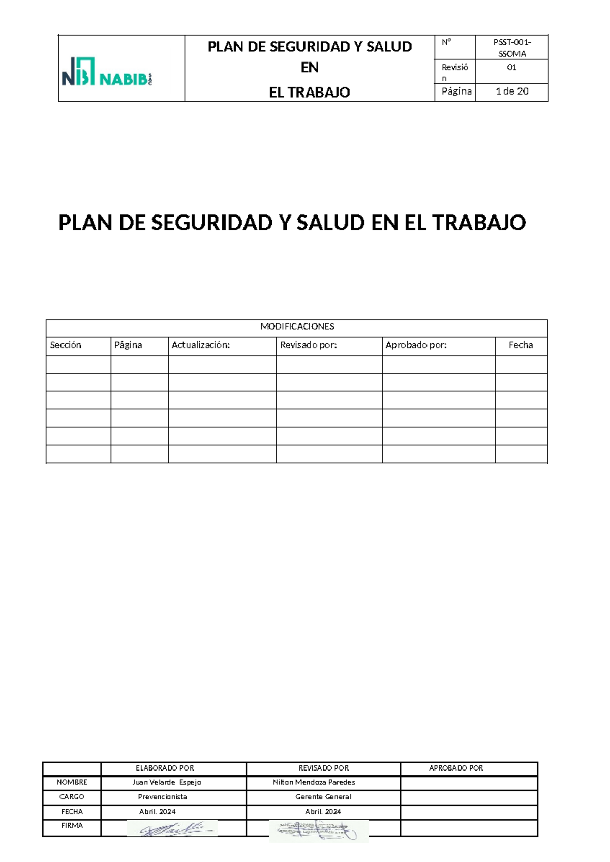 PLAN DE SEGURIDAD Y SALUD EN EL TRABAJO - Abril 2024 - Studocu