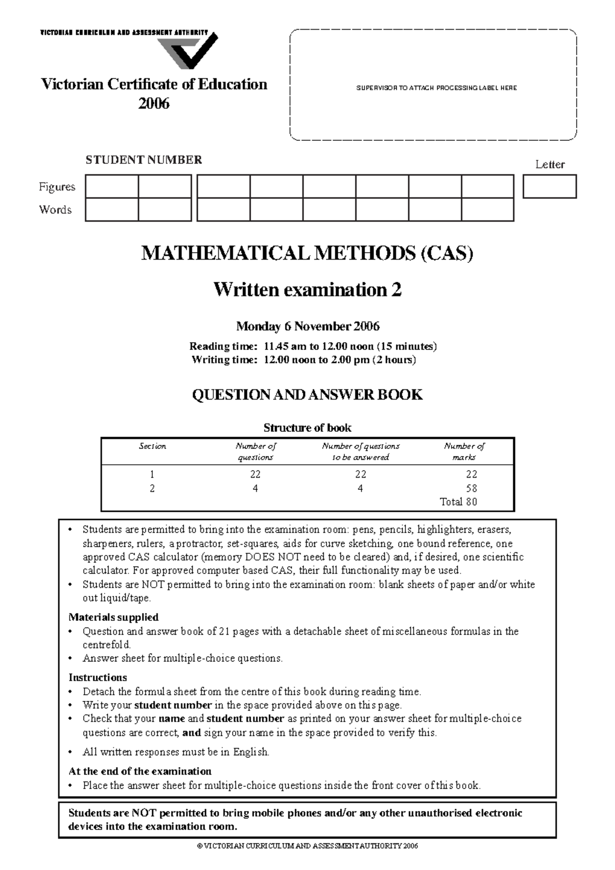 2006 MATHMETH(CAS) Exam 2 - Question and Answer Book - Studocu
