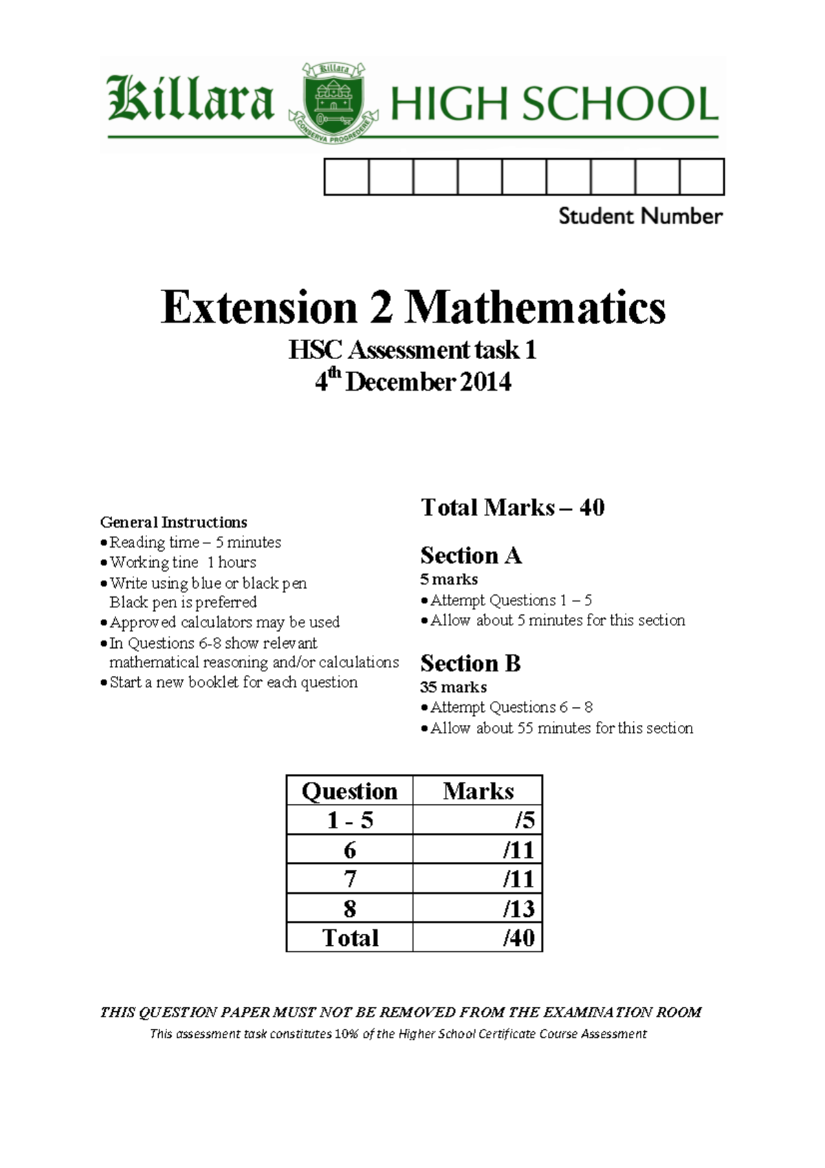 2014/2015 HSC Ext 2 Mathematics Assessment Task 1 - Studocu