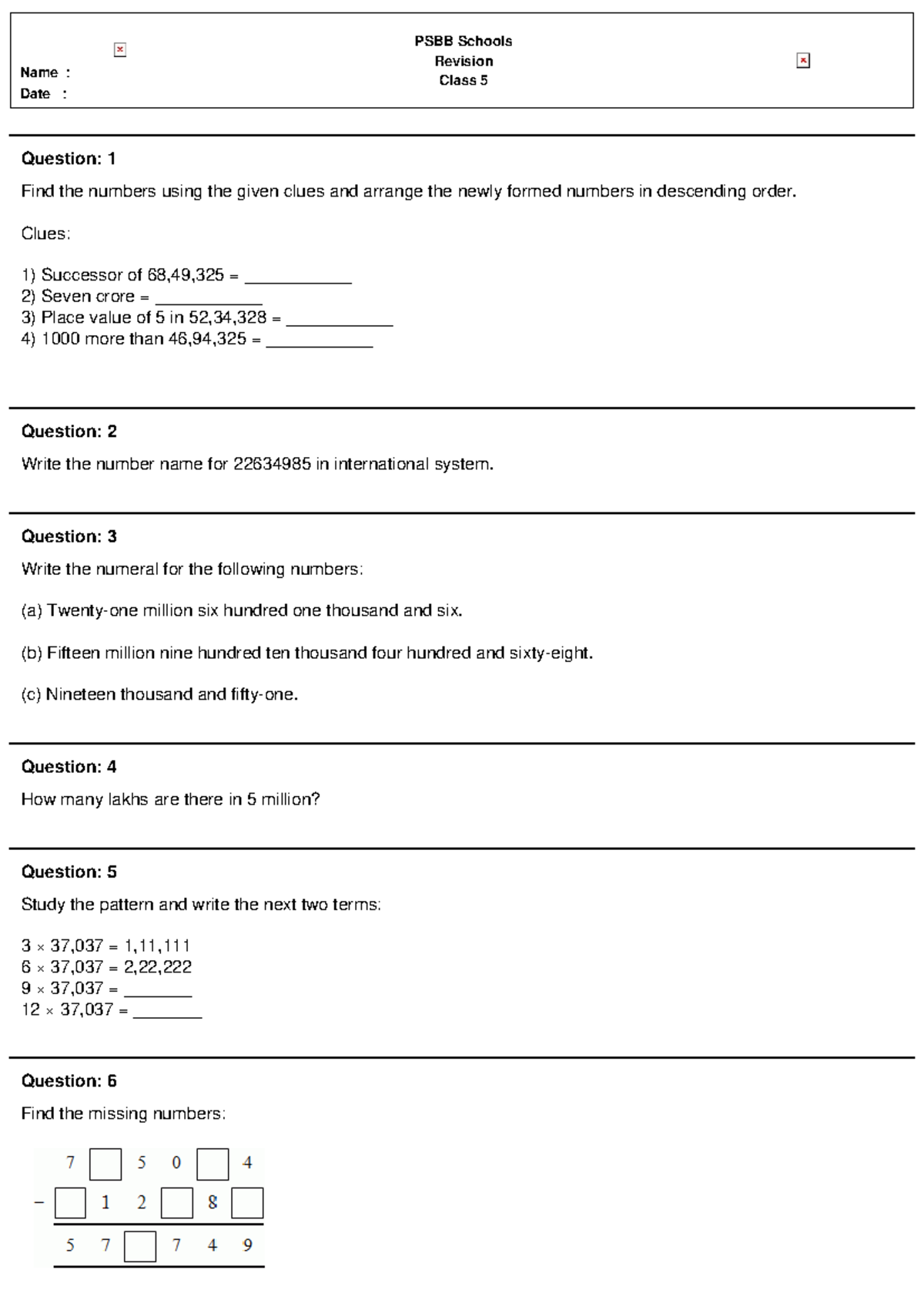 PSBB Schools Class 5 Math Revision Questions and Answers - Studocu