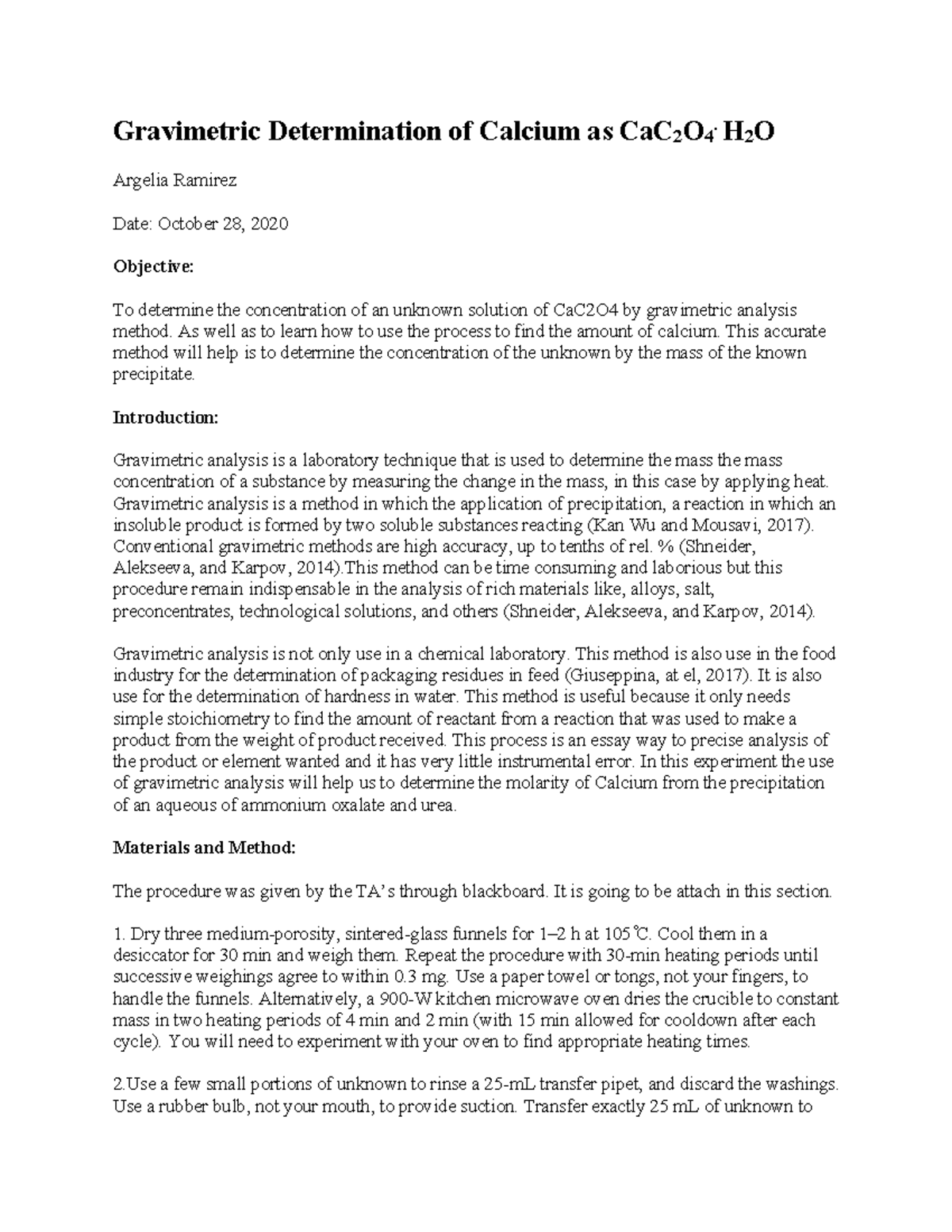 Gravimetric Analysis of Calcium in CaC2O4·H2O Solution Experiment - Studocu