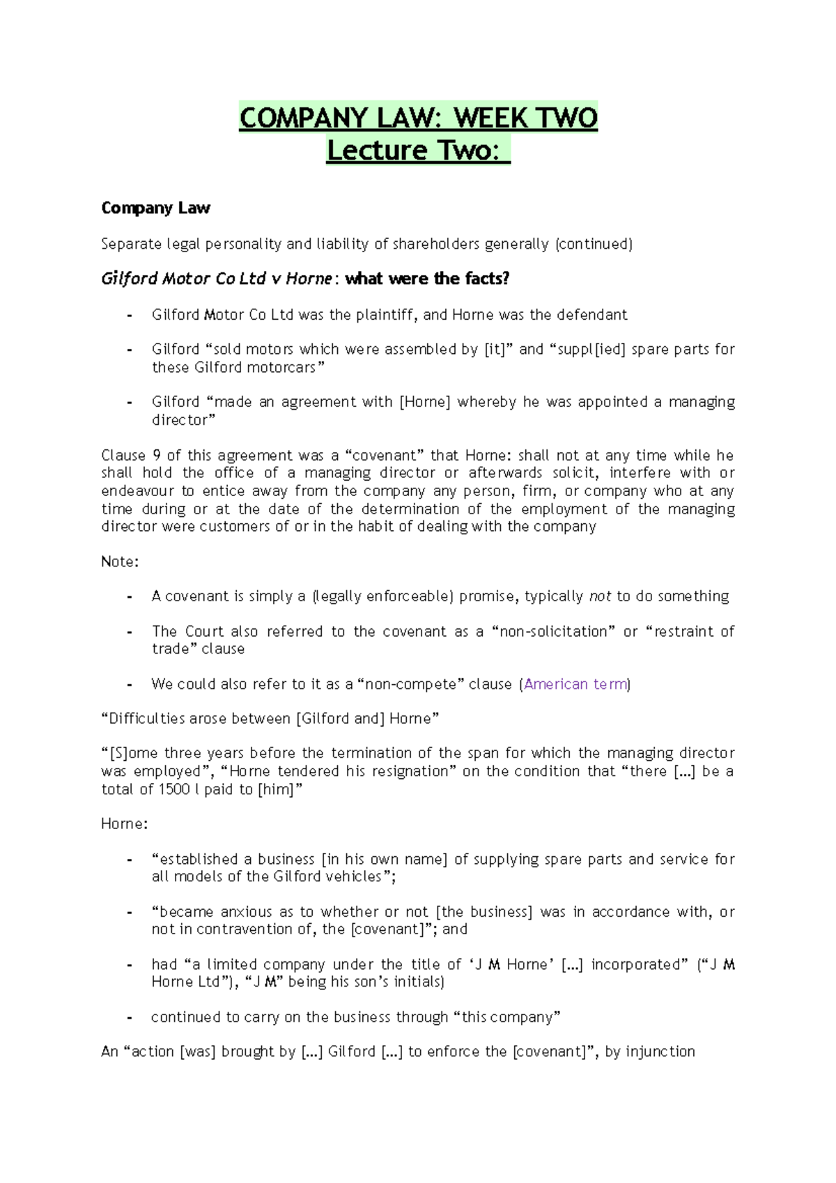 CL notes - W2 - Separate legal personality and liability of ...