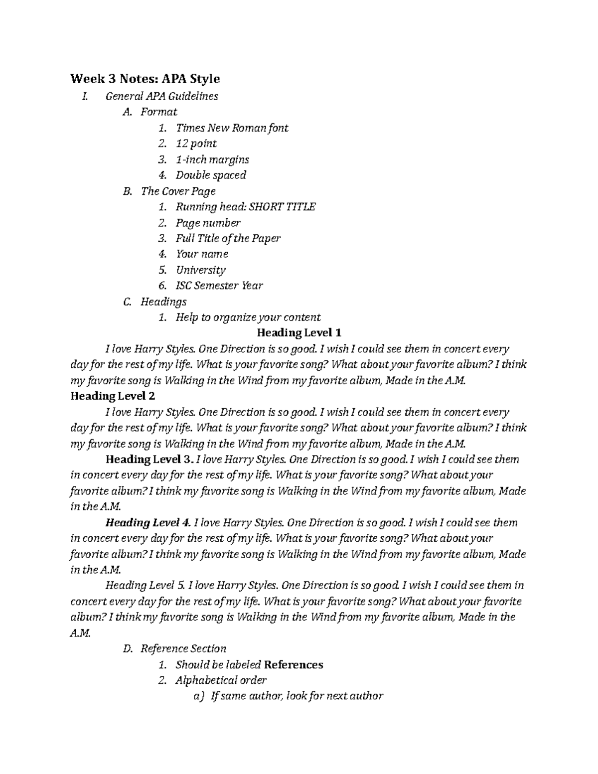 Week 3 Notes APA Style - Fischer - Week 3 Notes: APA Style I. General ...