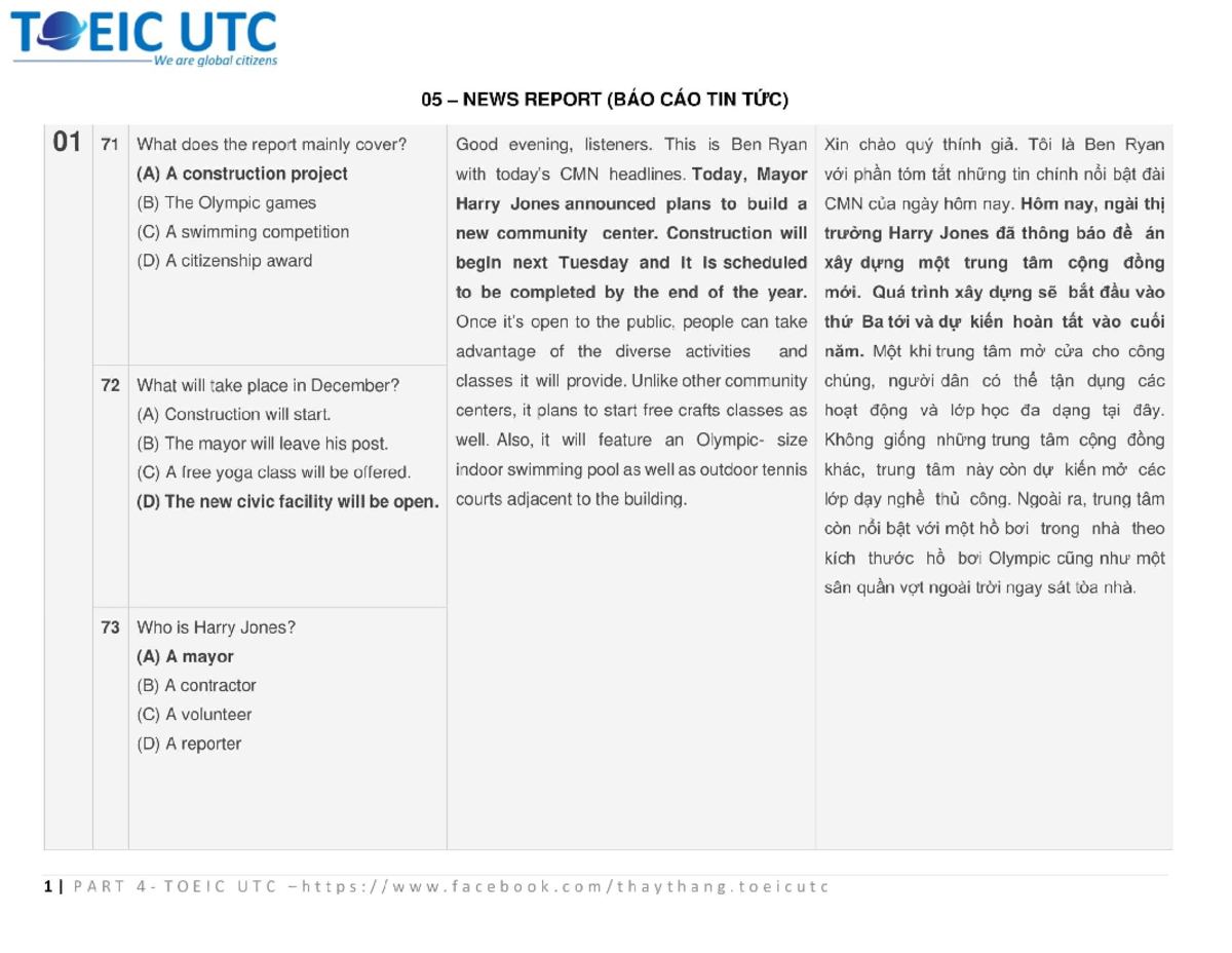 Part 4 TOEIC UTC: EIC We Are Global Citizens – Transcript & News Report ...