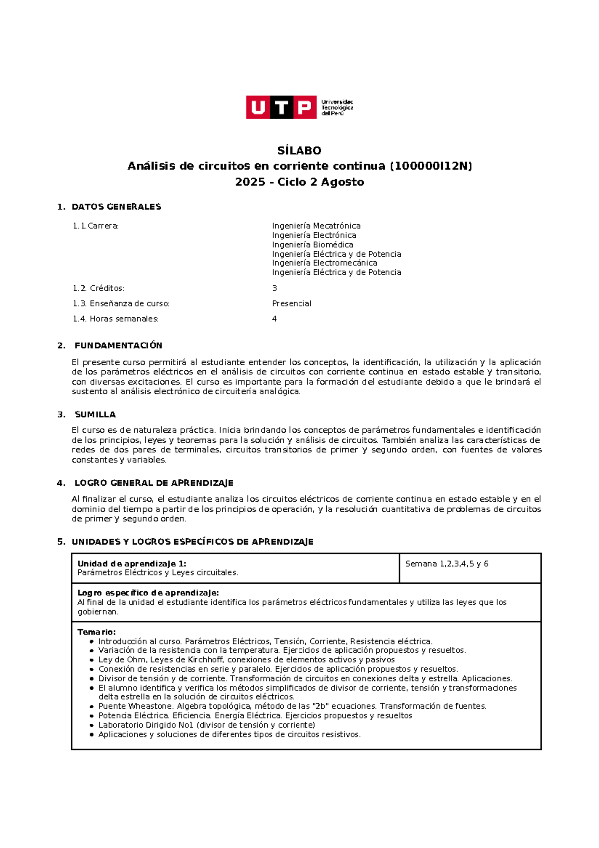 SÍLABO: Análisis de Circuitos CC - Ingeniería 2025 Ciclo 2 - Document Preview