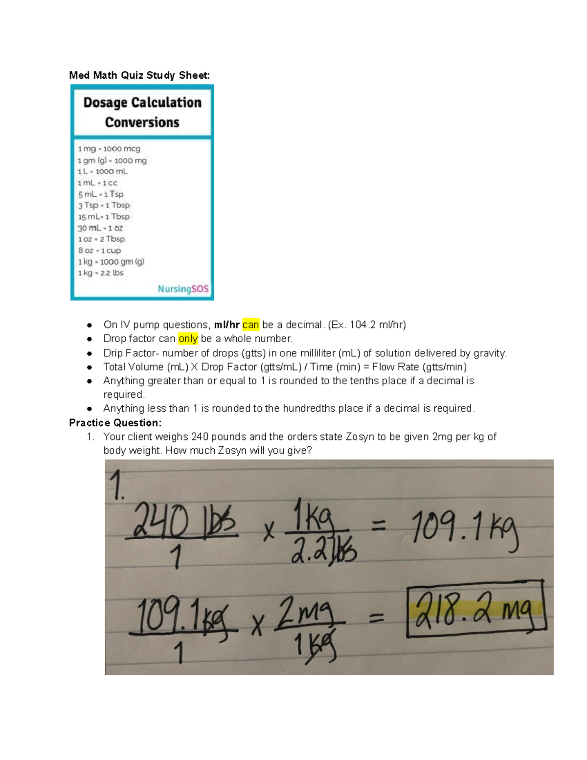Med Math Quiz Study Sheet - (Ex. 104 ml/hr) Drop factor can only be a ...