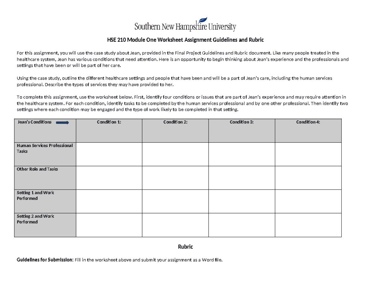 HSE 210 Module 1 Worksheet: Care Plan for Case Study on Jean - Studocu