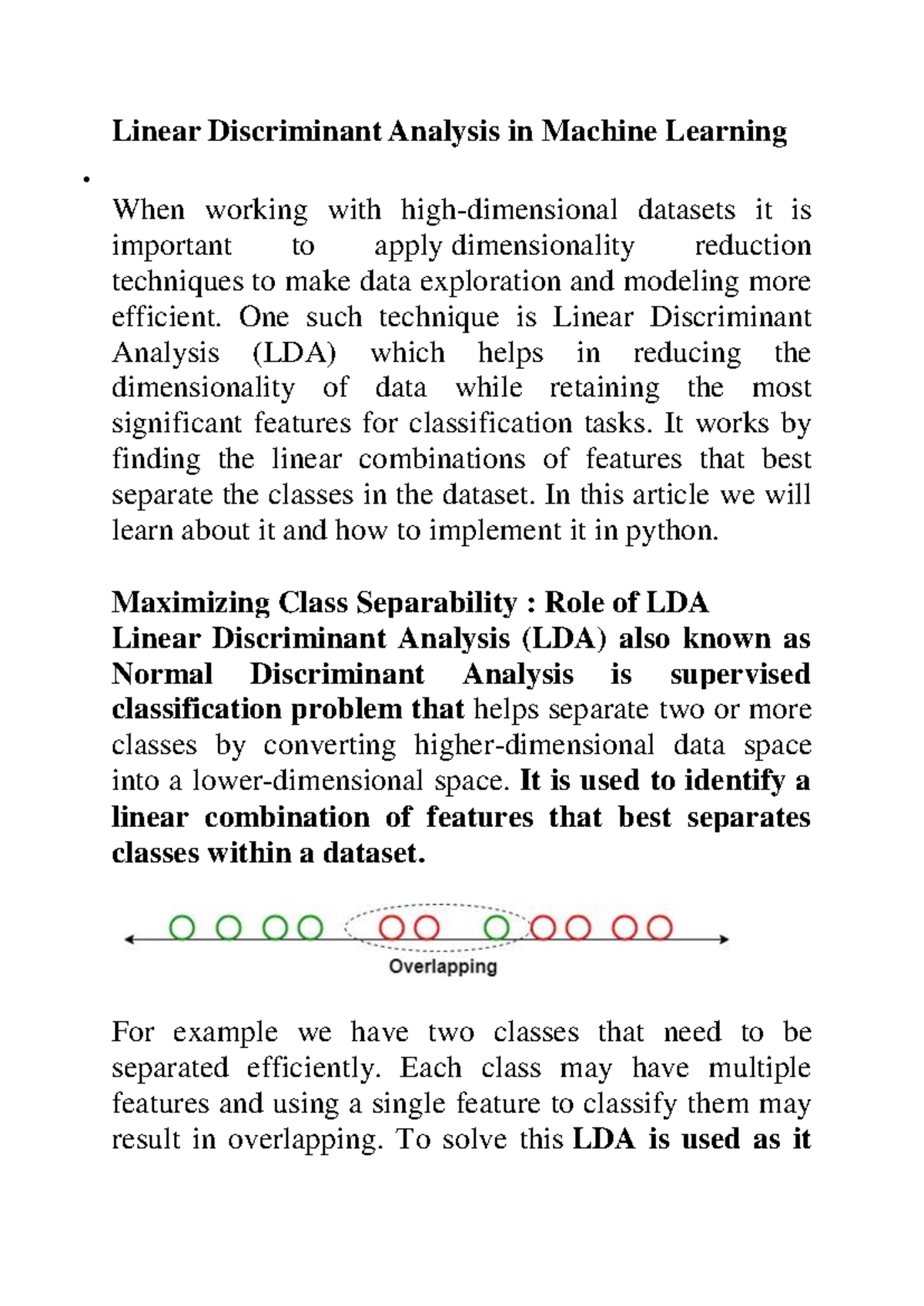 Machine Learning (ML) - Linear Discriminant Analysis Overview - Studocu
