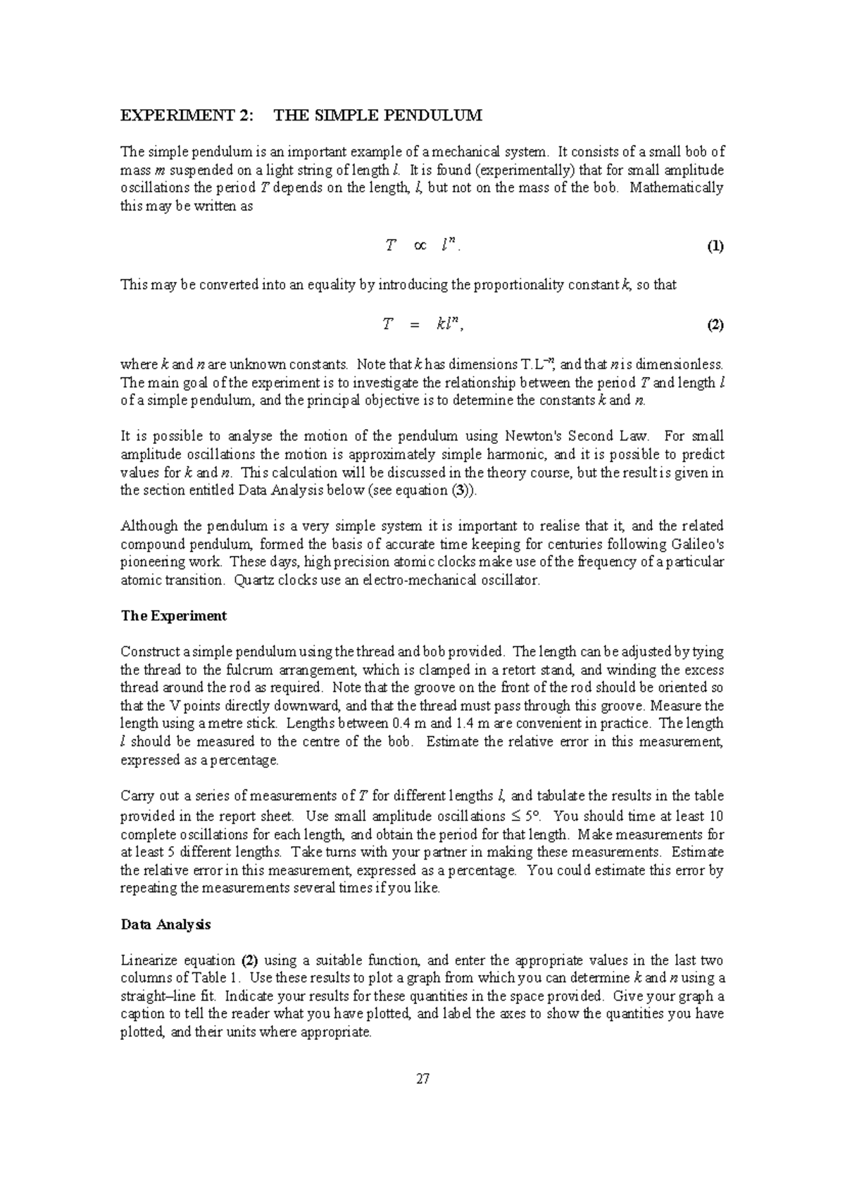 EXP02 Simple Pendulum Experiment: Investigating T and l Relationship ...