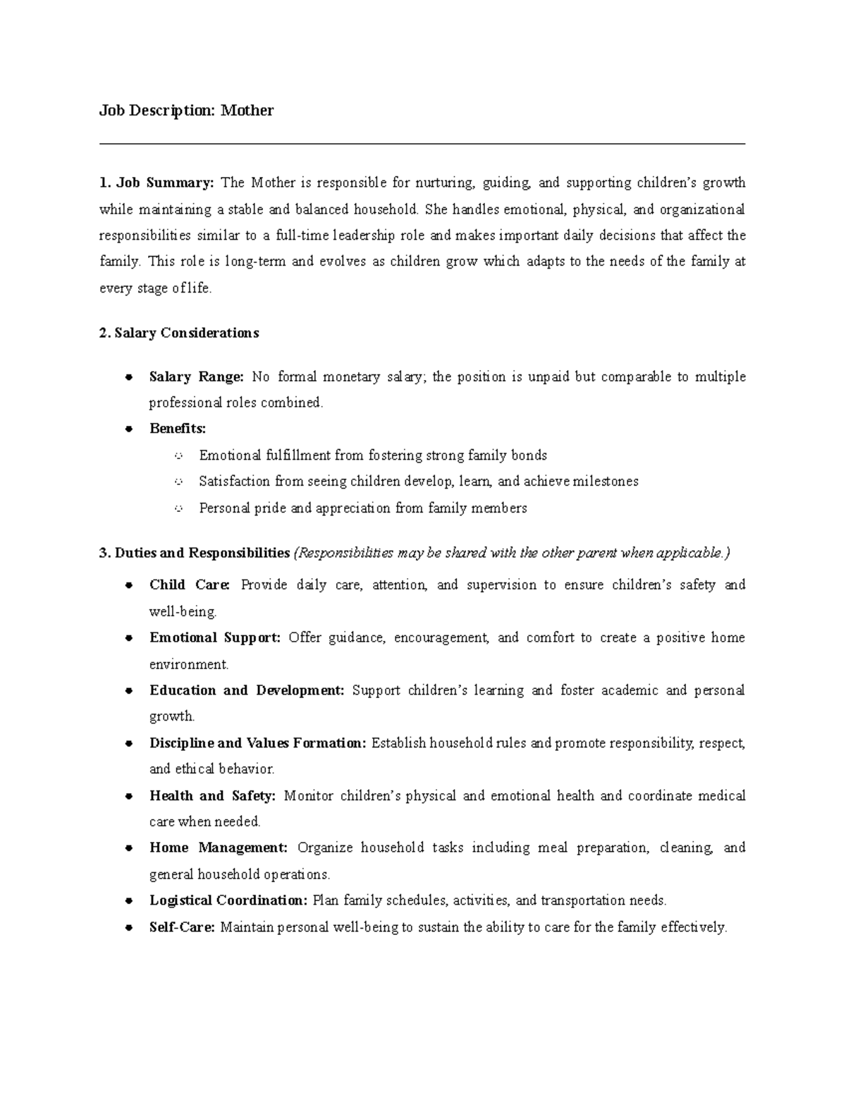 HRM100 Job Description: Role and Responsibilities of a Mother - Studocu