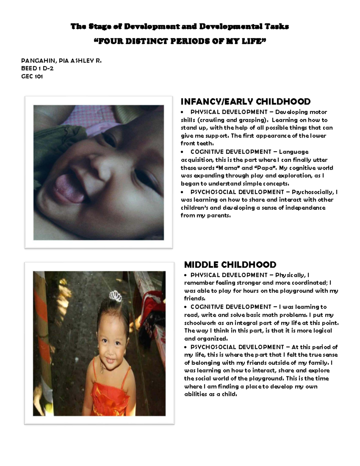 GEC 101 Activity 2: Stages of Development & Tasks in Childhood - Studocu