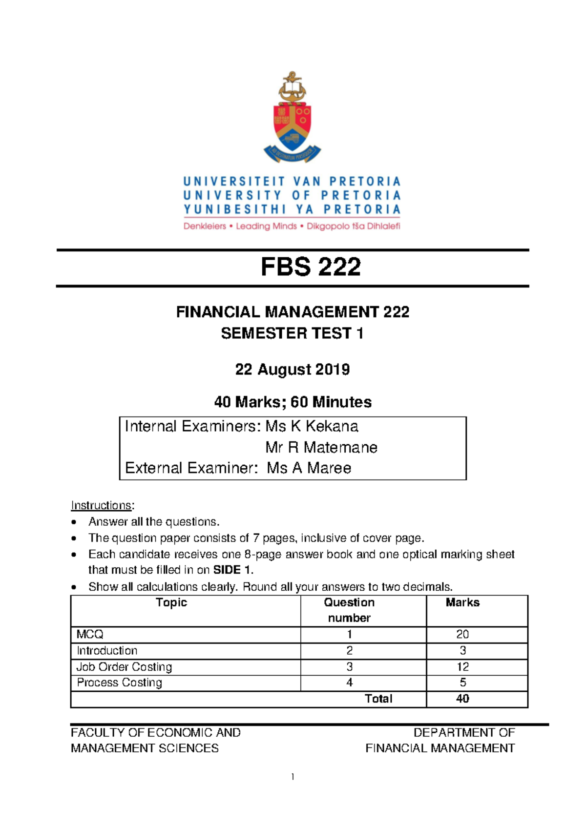 FBS 222 Financial Management Semester Test 1 Questions - Aug 2019 - Studocu