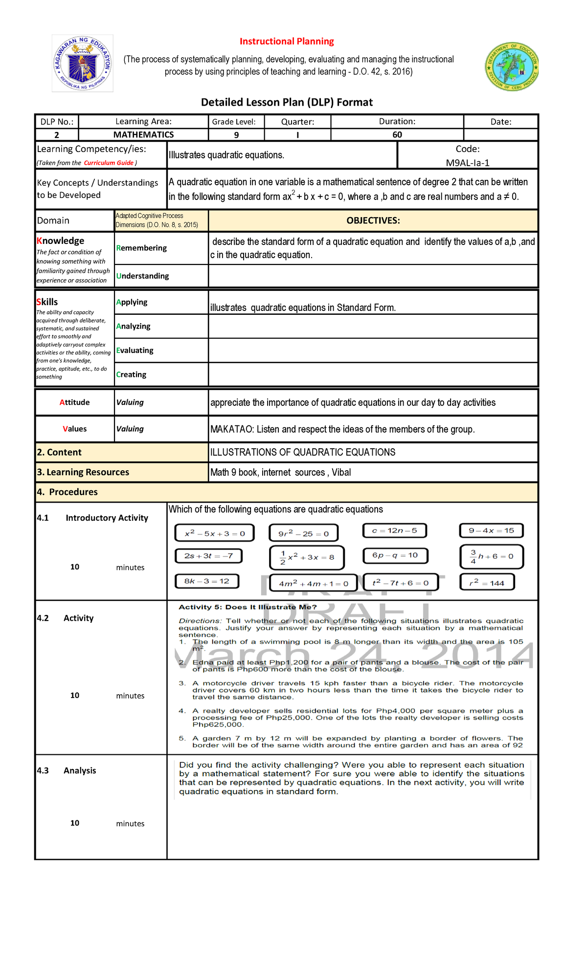 DLP 2 M9AL-Ia-1 - Daily Lesson Plan on Quadratic Equations - Studocu