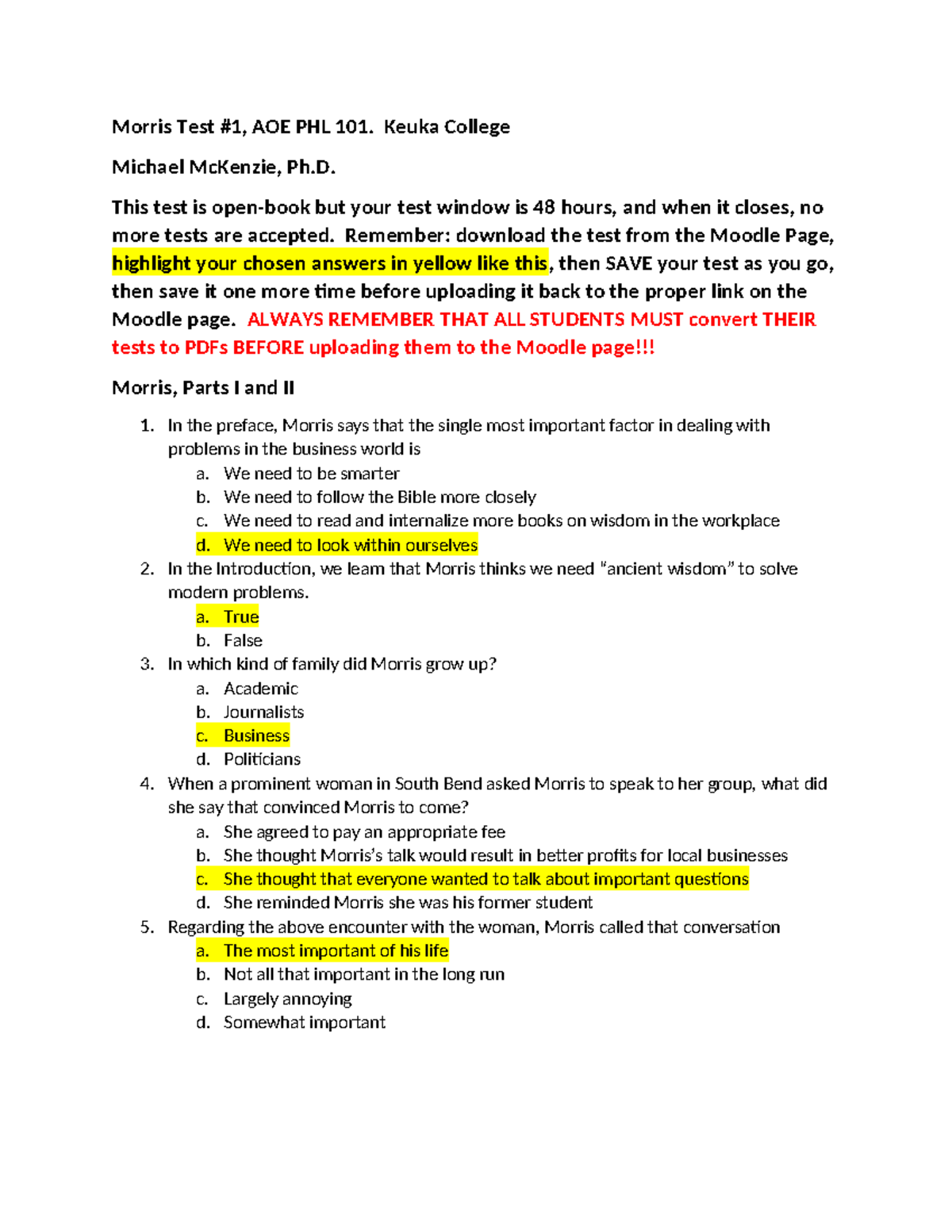 Morris Test #1 Study Guide for AOE PHL 101 at Keuka College - Studocu