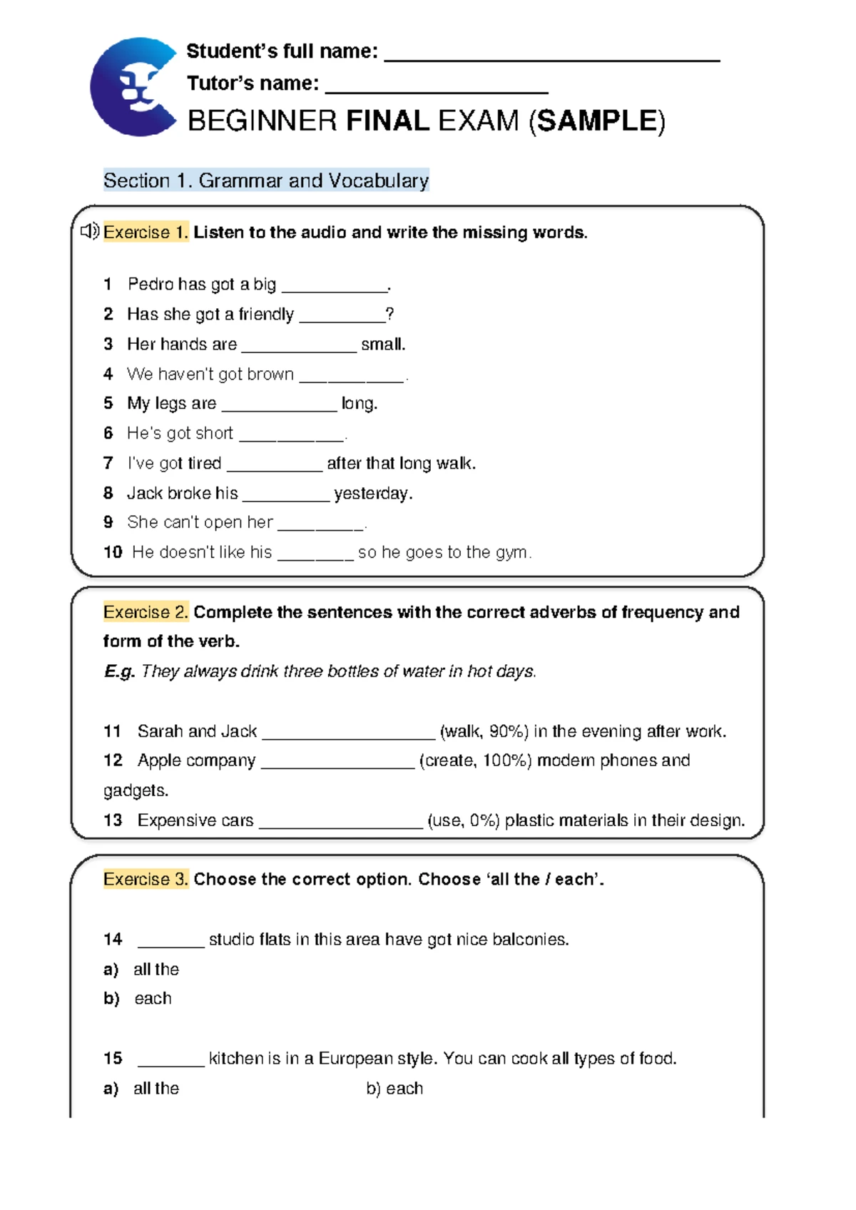 Pre Intermediate Final Exam Sample Exercises and Reading Guide - Studocu