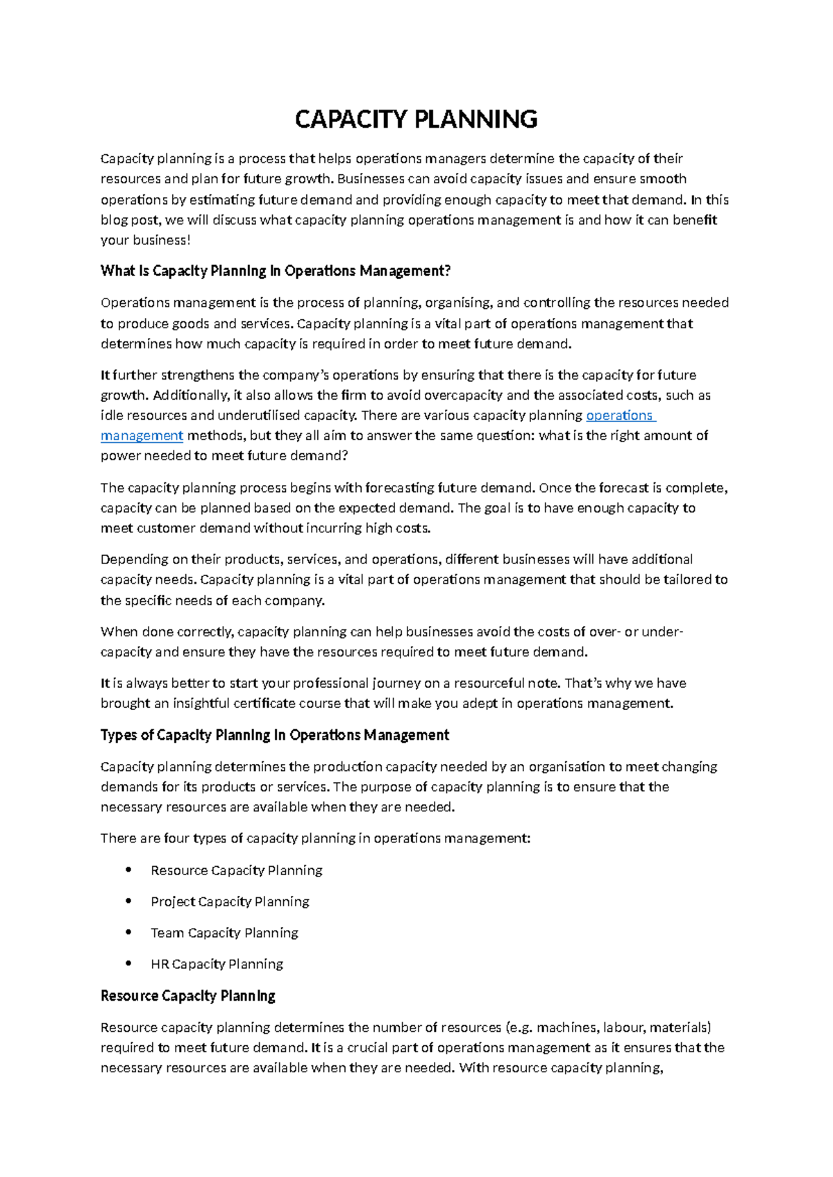 Operations Management: Capacity Planning Notes for Future Growth - Studocu