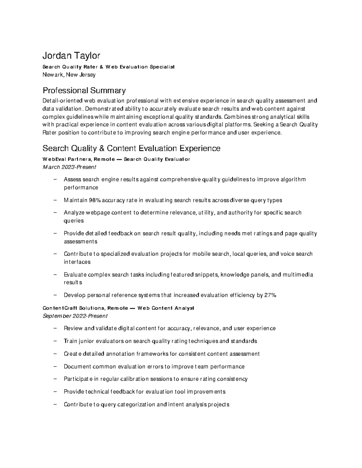 Search Quality Rater Resume - Jordan Taylor (B.S. IT, NJ) - Studocu