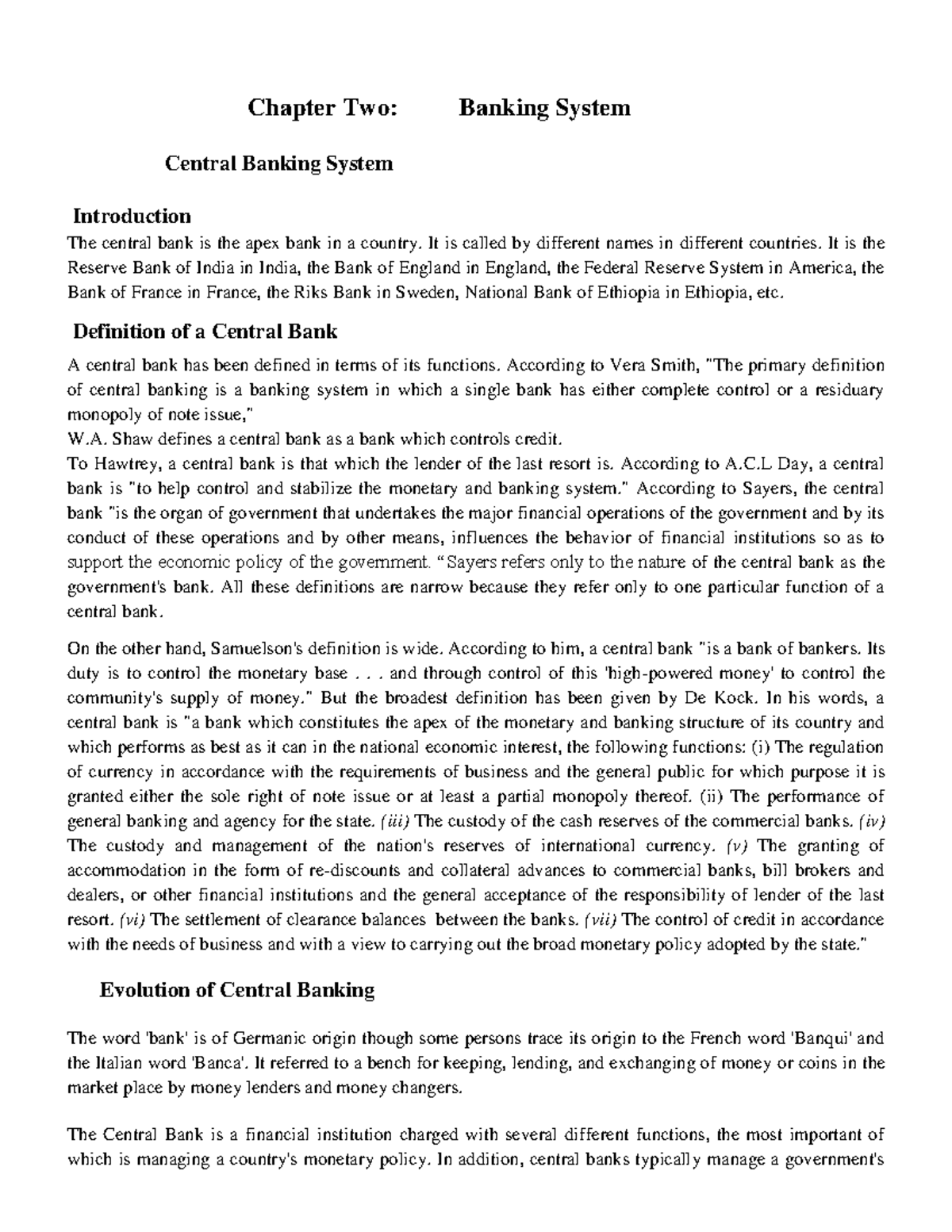Chapter 2 - Yes - Chapter Two: Banking System Central Banking System ...
