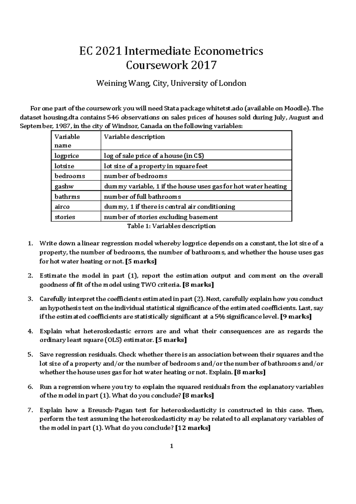 EC 2021 Intermediate Econometrics Coursework: Regression Analysis Guide ...