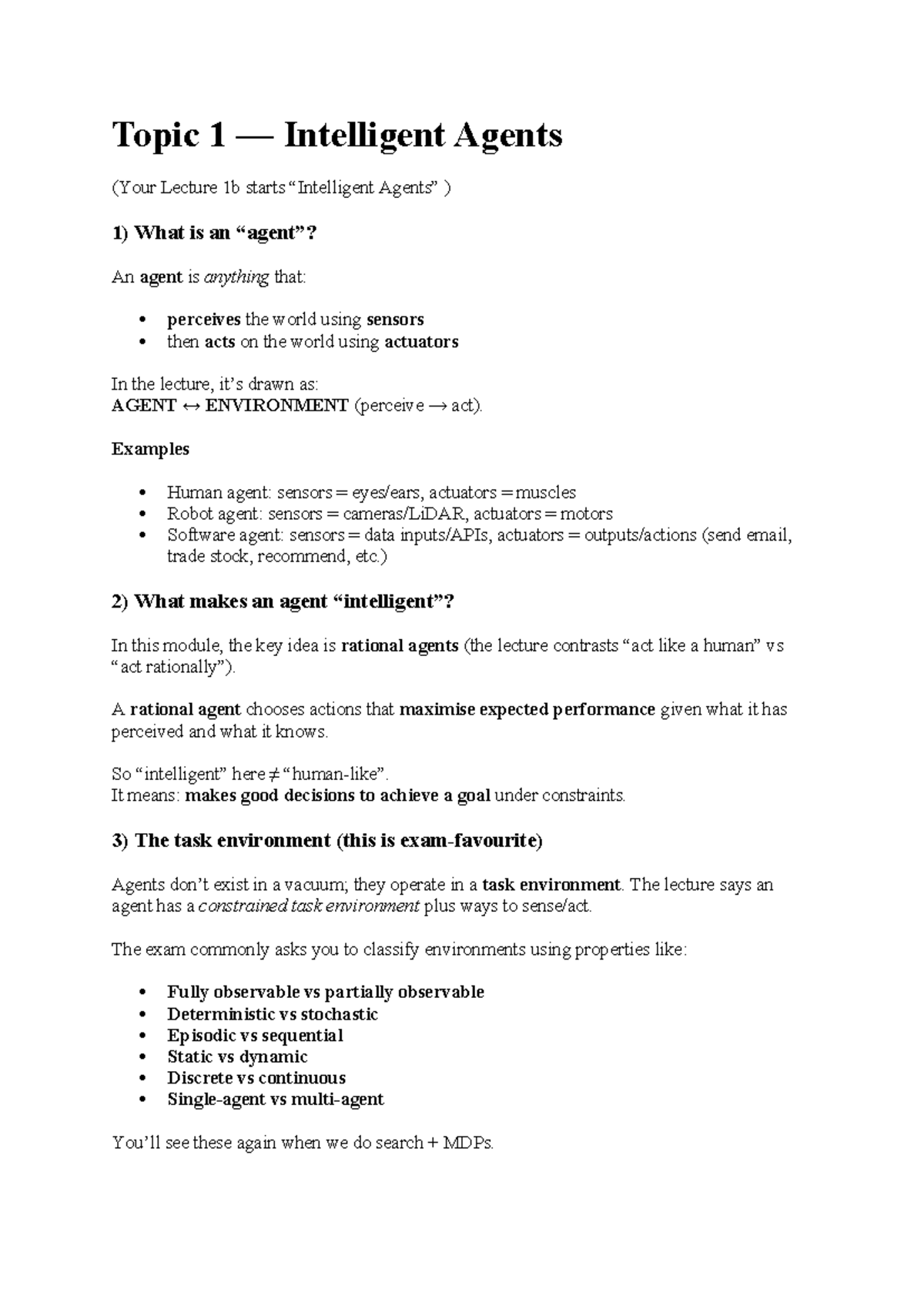 Topic 1 - Intelligent Agents Lecture Notes (CS101) - Studocu