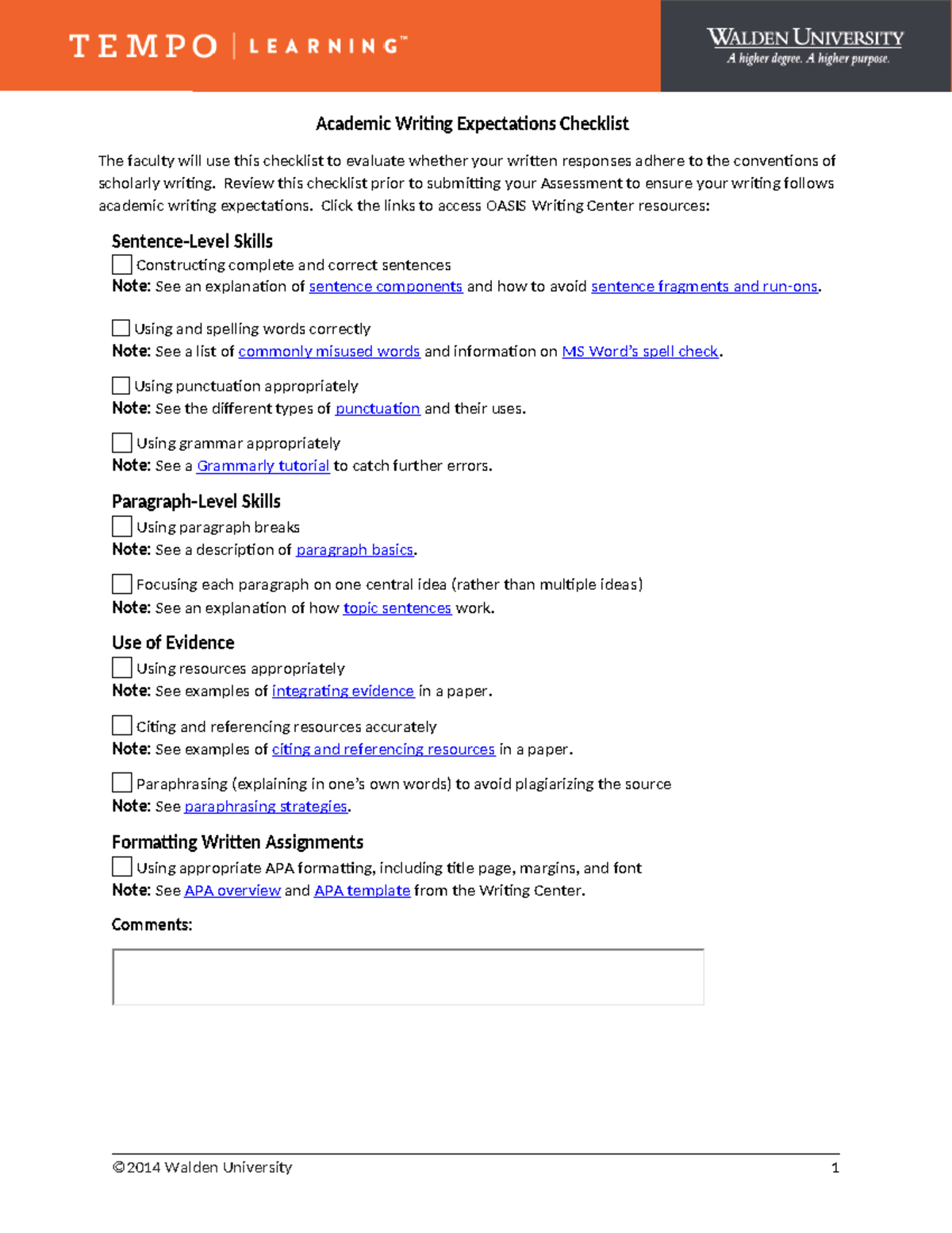 Assessment Writing Checklist - Academic Writing Expectations Checklist ...