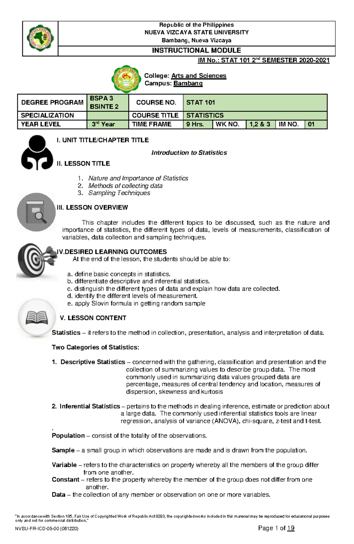 Instructional Module for STAT 101: Introduction to Statistics and ...