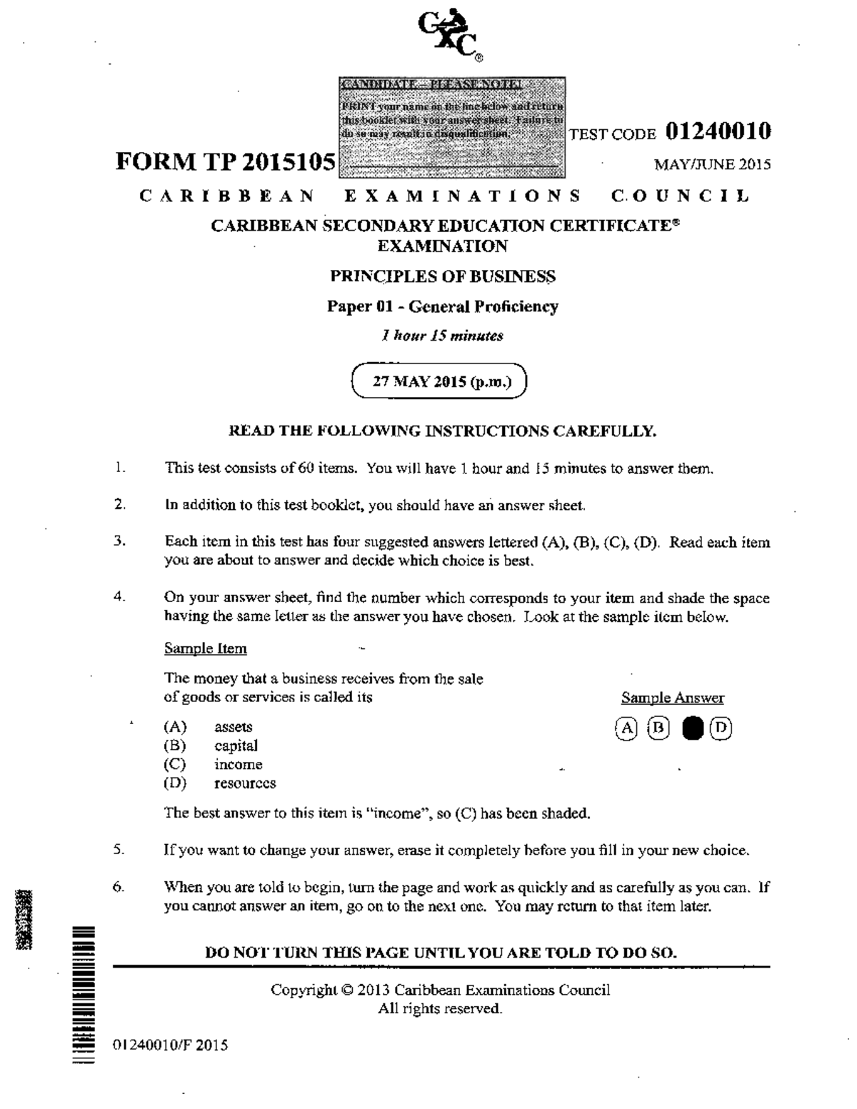 CSEC POB June 2015 Exam Paper 01 - General Proficiency - Studocu