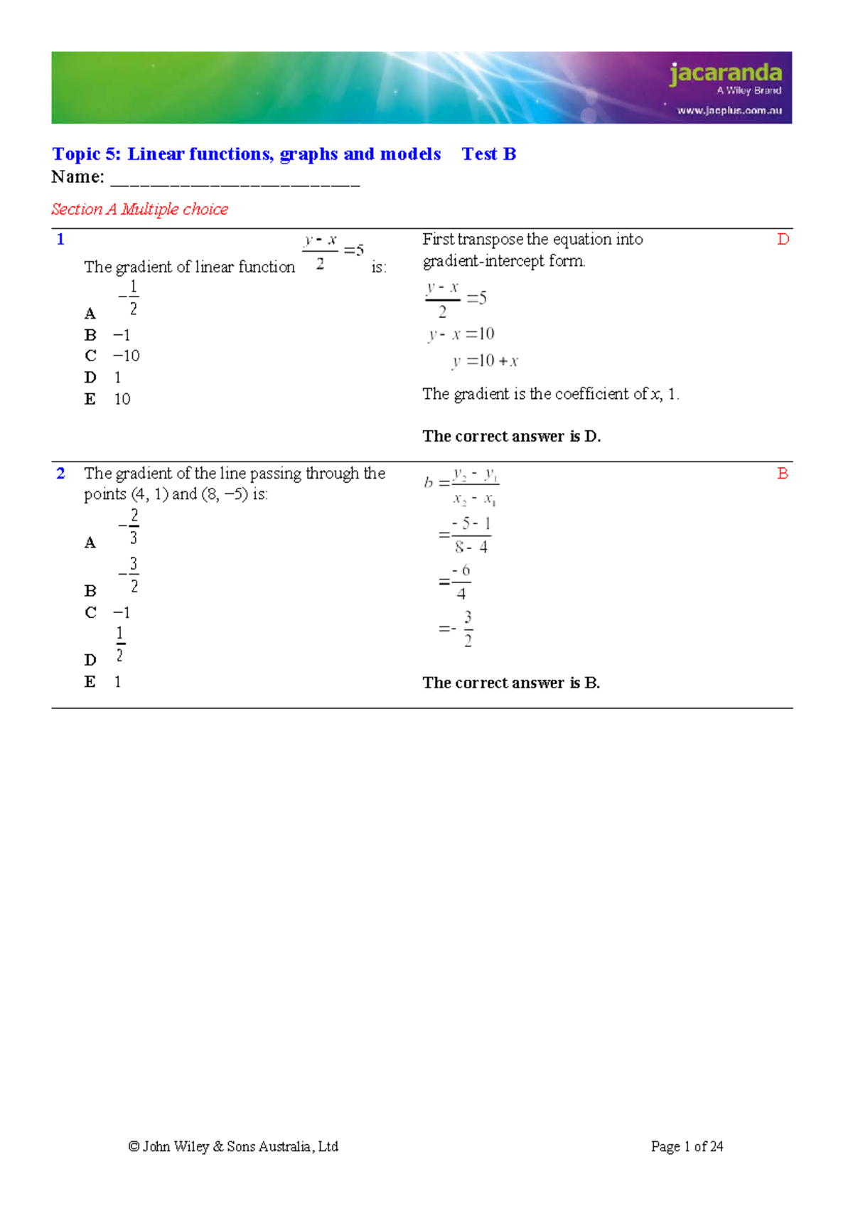 Linear Functions, Graphs & Models - Test B Answers - Studocu