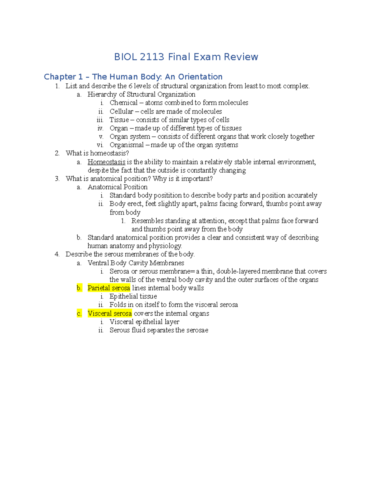 BIOL 2113 Final Exam Comprehensive Review for The Human Body - Studocu