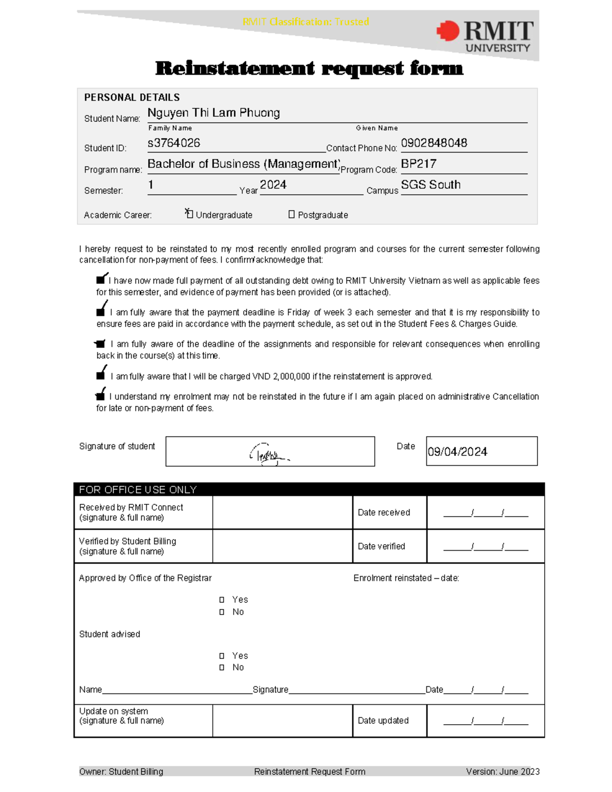 Reinstatement Request Form - BP217 - Semester 1 2024 - Studocu