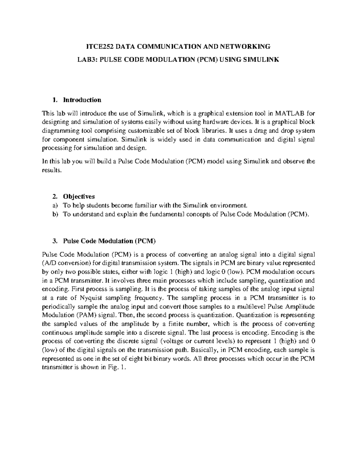 ITCE252 Lab3: Pulse Code Modulation (PCM) Simulation in Simulink - Studocu