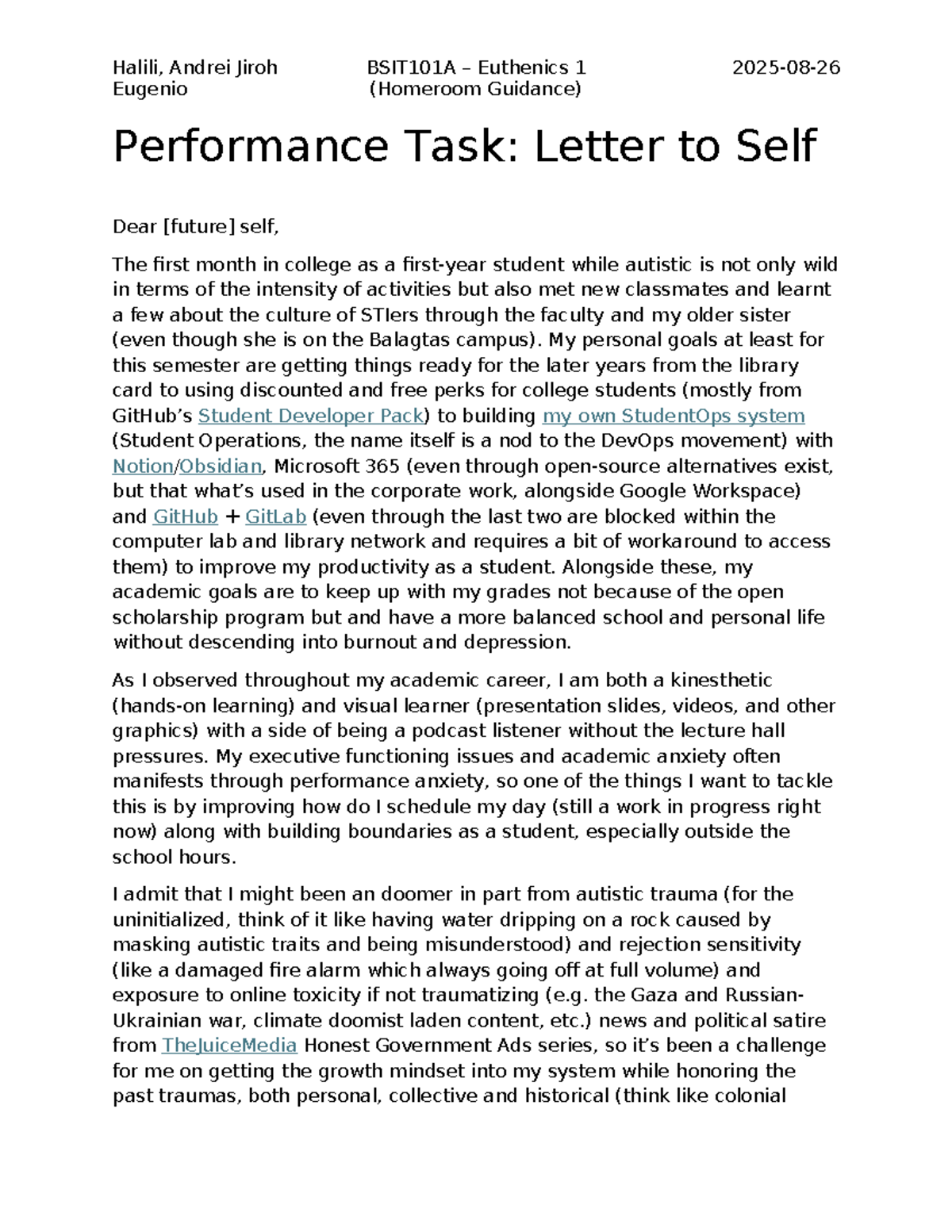 Euthenics 1 Performance Task: Letter to Self from Autistic Perspective ...